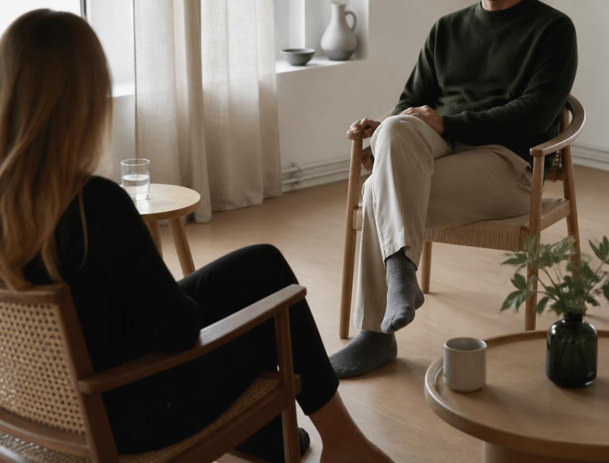 En rolig samtale i et lyst, nordisk rum